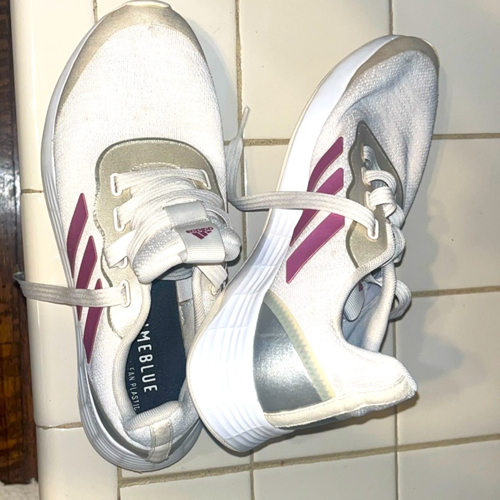 White Adidas running shoes pink stripes lightly used